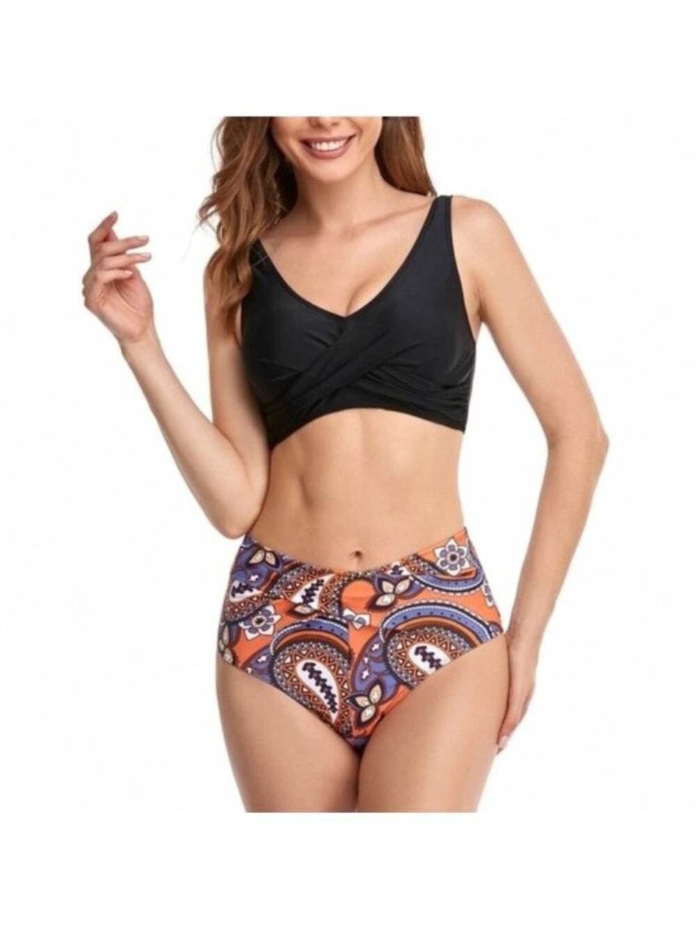 Womens Black and Orange Paisley Women's Two Piece Swimwear Set Size Large